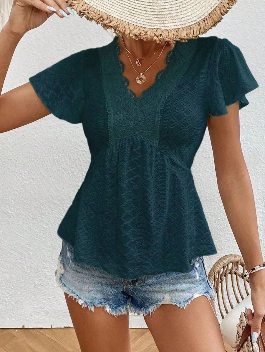 SHEIN Frenchy Áo sơ mi nữ Viên lá sen Tương phản ren Sò điệp màu trơn Boho - Màu xanh lá cây đậm - Xem 1