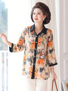 Floral Print Contrast Trim Blouse - Yellow - View 1