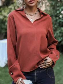 Blusas de Mujer Botón Liso Casual - Naranja Quemada - Ver 4