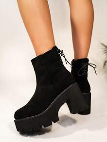 Botines de mujeres elegante invierno negro tacón alto con cremallera cierre , trasero con tira detalle , tacón cuadrado & grueso suela - Negro - Ver 5