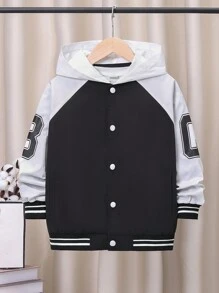 SHEIN Áo khoác trùm đầu có tay áo kiểu Tween Boy Letter Graphic Sọc Trim Raglan - Đen và trắng - Xem 3