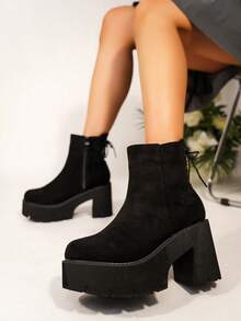 Botines de mujeres elegante invierno negro tacón alto con cremallera cierre , trasero con tira detalle , tacón cuadrado & grueso suela - Negro - Ver 3