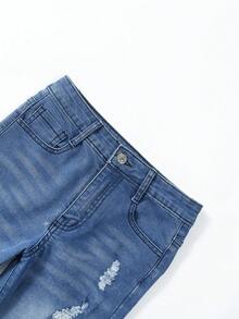 口袋 破洞 拉鍊純色女童（大）牛仔褲 - 深色水洗藍 - 查看 3