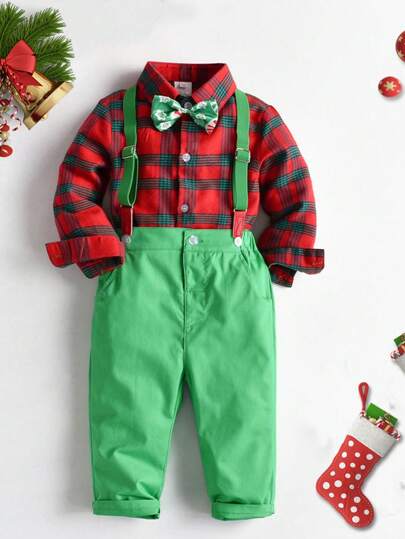 聖誕主題兒童春秋裝，可愛款式男童蝴蝶結格紋襯衫和背帶褲套裝，適用於假日派對