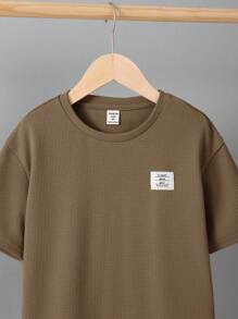SHEIN 男大童字母補丁細節T恤和運動褲 - 摩卡棕 - 查看 8