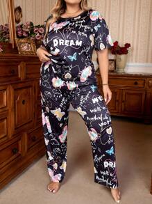 SHEIN Plus Butterfly & Letter Graphic PJ Set / Pajama Set - Multicolor - View 5