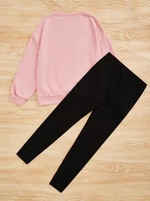 SHEIN Leap Crew 女大童卡通圖案套頭衫&緊身打底褲 - 淺粉色 - 查看 2