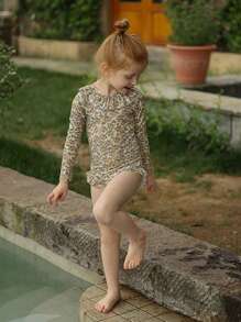 Young Girl Ditsy Floral Print Ruffle Trim One Piece Swimsuit - Multicolor - View 5