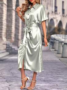 SHEIN Clasi Batwing Sleeve Ruched Button Front Satin Shirt Dress - Silver - View 5