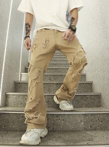 Manfinity EMRG 男士破洞抽鬚直筒牛仔褲 - 卡其色 - 查看 7