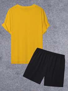 Manfinity Homme Men Letter Graphic Tee & Drawstring Waist Shorts, Men S Casual Graphic Letter Print Short Sleeve T Shirt And Shorts Set, Men Yellow Short Sets, Manfinity Hupemode Men Summer Casual Color Block Letter Print Short Sleeve T Shirt For Going Out For Friends, Men Summer Sweatsuit