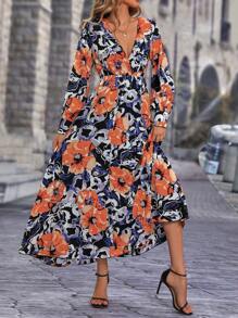 SHEIN Clasi 印花交疊領A字洋裝 - 彩色 - 查看 4