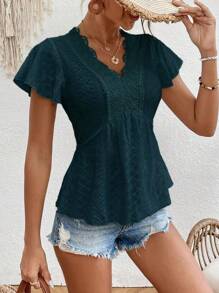 SHEIN Frenchy Áo sơ mi nữ Viên lá sen Tương phản ren Sò điệp màu trơn Boho - Màu xanh lá cây đậm - Xem 4