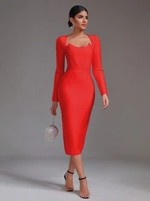 Modphy Đầm dự tiệc bodycon tay dài xẻ lưng trơn màu - Đỏ - Xem 6