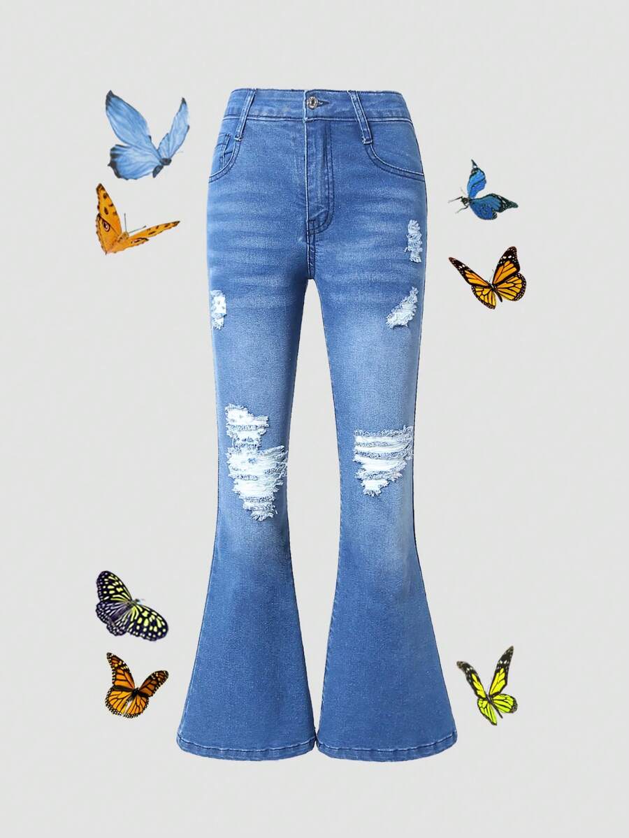 口袋 破洞 拉鍊純色女童（大）牛仔褲 - 深色水洗藍 - 查看 1