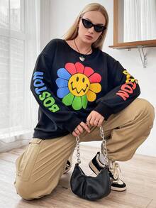 Flirla 大碼花卉和字母圖案落肩袖運動衫 - 黑色 - 查看 6