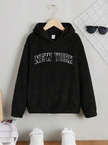 SHEIN Sweatshirt Kasual Bordir Huruf untuk Anak Laki-laki Remaja, Musim Gugur/Dingin, Atasan Hitam - Hitam - View 3