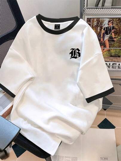 Claim Dot Camiseta de manga corta de hombre con estampa de letras y ribete de contraste, regalo para el novio, para salir