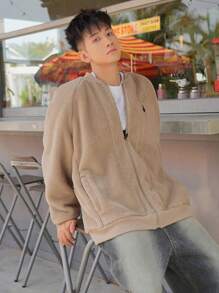 DAZY 男士拉鍊插肩袖泰迪飛行員夾克 - 杏色 - 查看 4