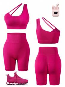 Gameset SHEIN Sport 無縫不對稱領運動套裝,兩件套裝 - 玫紅色 - 查看 1