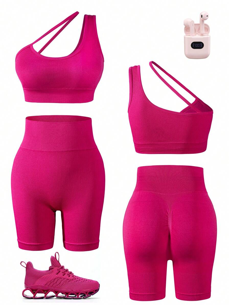 Gameset SHEIN Sport 無縫不對稱領運動套裝,兩件套裝 - 玫紅色 - 查看 1