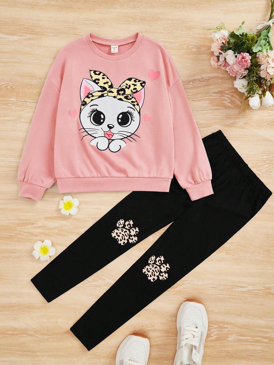 SHEIN Leap Crew 女大童卡通圖案套頭衫&緊身打底褲 - 淺粉色 - 查看 1