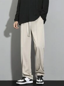 Men Drawstring Waist Straight Leg Trousers - Apricot - View 5