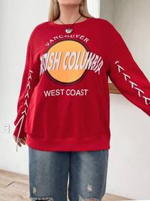 Flirla Plus Letter Graphic Drop Shoulder Sweatshirt Pullover Fall Sweatshirt - Red - View 4