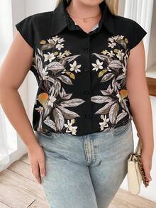 Calvaya Hơn In hoa Nút phía trước Áo sơ mi - màu đen - Xem 5