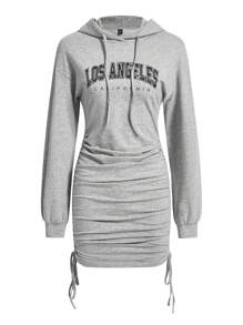 SHEIN EZwear Plus Letter Graphic Drawstring Side Hooded Bodycon Dress