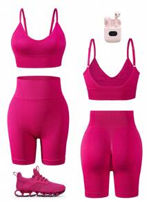 Gameset SHEIN Sport 無縫不對稱領運動套裝,兩件套裝 - 玫紅色 - 查看 2