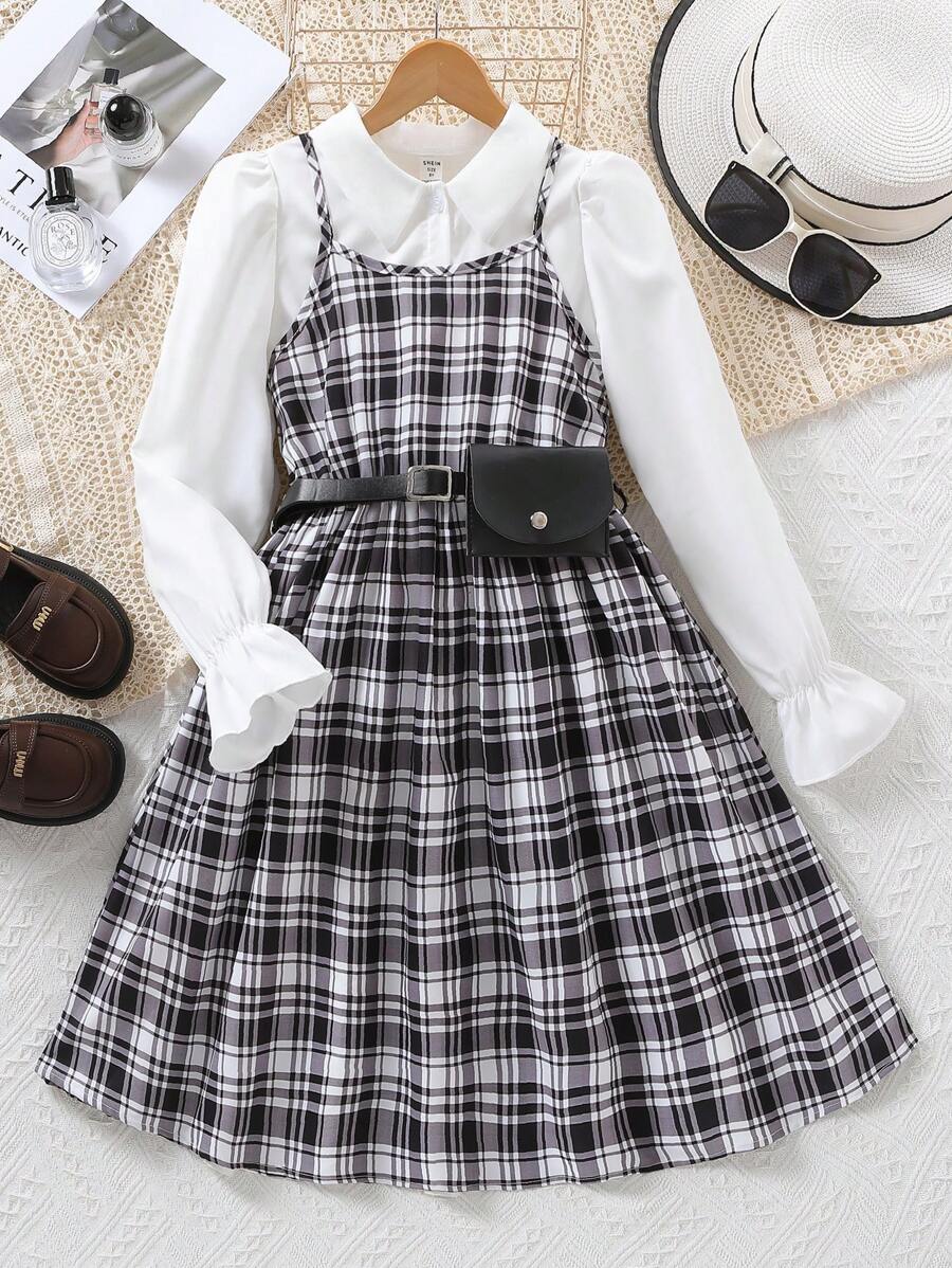SHEIN 女大童格紋印花吊帶洋裝&荷葉袖襯衫&腰包 - 黑色 - 查看 1