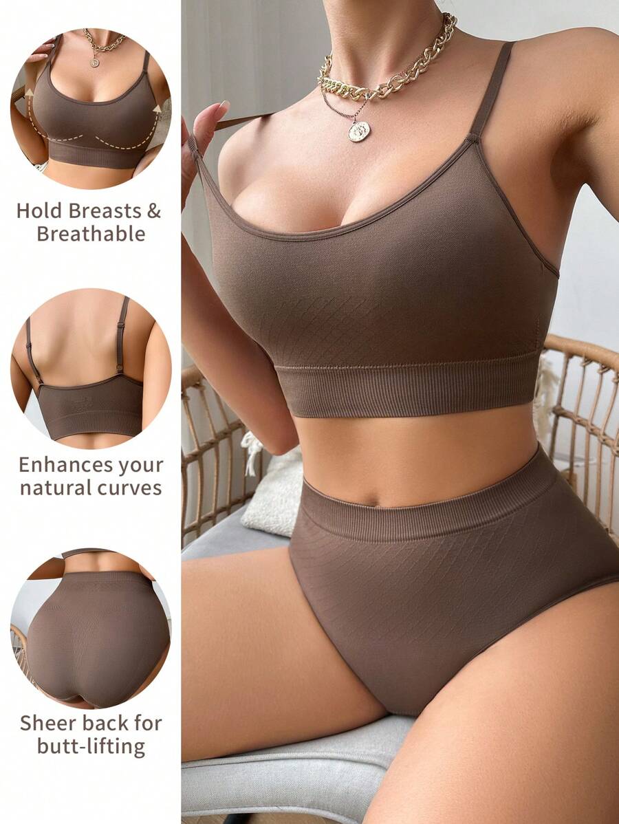 Solid Wireless Bra & Panty Set - Coffee Brown - View 1