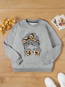 RueChic Teen Girl Figure Graphic Drop Shoulder Sweatshirt - Grey - View 1