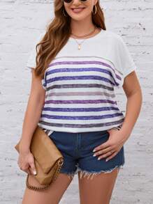 SHEIN LUNE Hơn Sọc tay cánh Áo thun - trắng - Xem 4