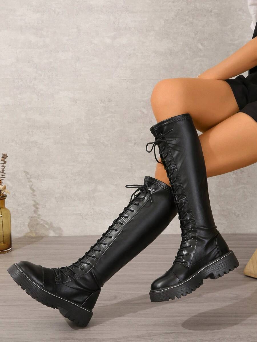 秋冬女士中筒靴，PU 软皮，黑色，及膝长度 - 黑色 - 查看 1