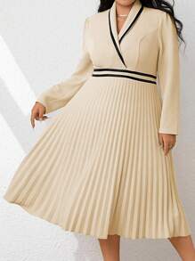 SHEIN Clasi Plus Contrast Trim Pleated Hem Dress - Apricot - View 6