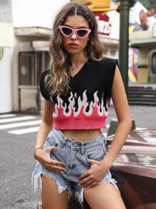 SHEIN Unity Hình lửa Áo len ngắn vest - màu đen - Xem 1