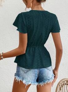 SHEIN Frenchy Áo sơ mi nữ Viên lá sen Tương phản ren Sò điệp màu trơn Boho - Màu xanh lá cây đậm - Xem 2
