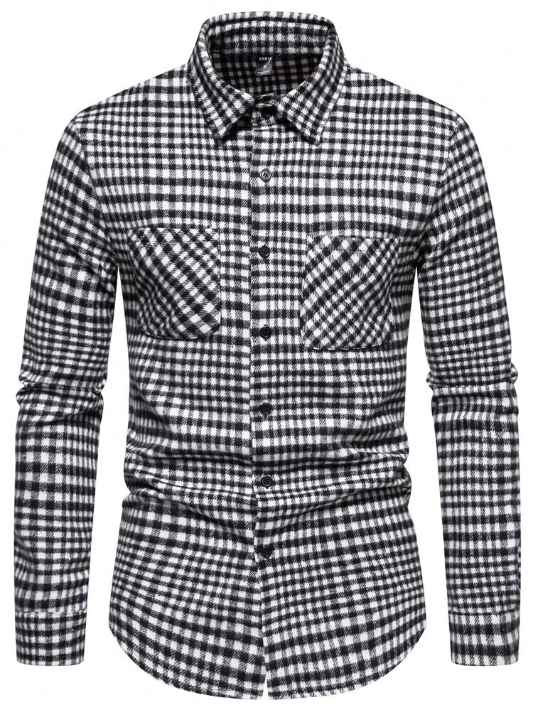 Men Gingham Print Pocket Patched Overcoat