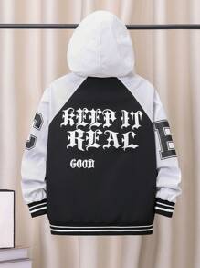 SHEIN Áo khoác trùm đầu có tay áo kiểu Tween Boy Letter Graphic Sọc Trim Raglan - Đen và trắng - Xem 1