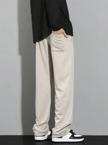 Men Drawstring Waist Straight Leg Trousers - Apricot - View 2