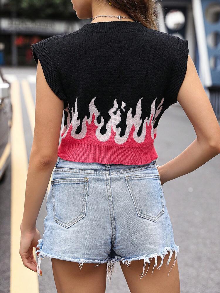 Fire Pattern Crop Sweater Vest