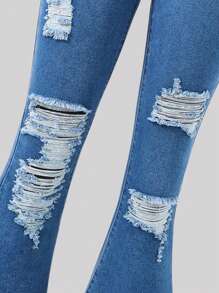 SHEIN Quần jeans nữ tuổi teen phong cách Y2K Boho, cạp điều chỉnh được, rách, co giãn, ống rộng. - Rửa trung bình - Xem 4