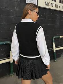 SHEIN Coolane 骷髏圖案條紋飾邊毛衣背心不帶襯衫 - 黑色 - 查看 2