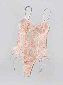 Floral Embroidery Mesh Underwire Teddy Bodysuit - Multicolor - View 4