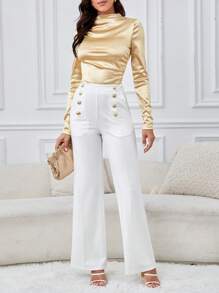 SHEIN Tall Chi tiết Nút Chân bùng Quần tây - trắng - Xem 3