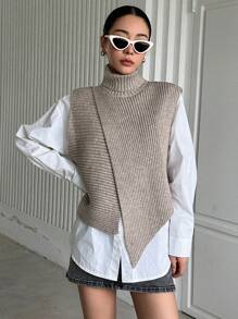 DAZY 1pc Turtleneck Wrap Cross Sweater Vest,Fall Clothes - Khaki - View 4