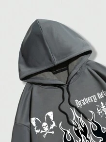 ROMWE MEN Street Life Các bạn Ngọn lửa & In bướm Dây rút Hoodie - Xám - Xem 3