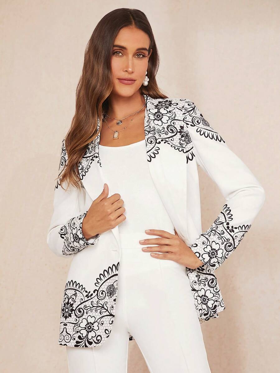 SHEIN Clasi 印花西裝領西裝外套 - 白色 - 查看 1